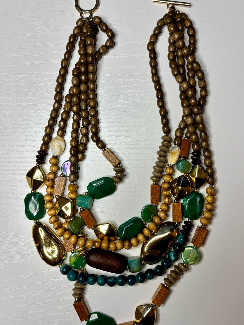 Multi-Strand Green and Brown Bead Statement Necklace